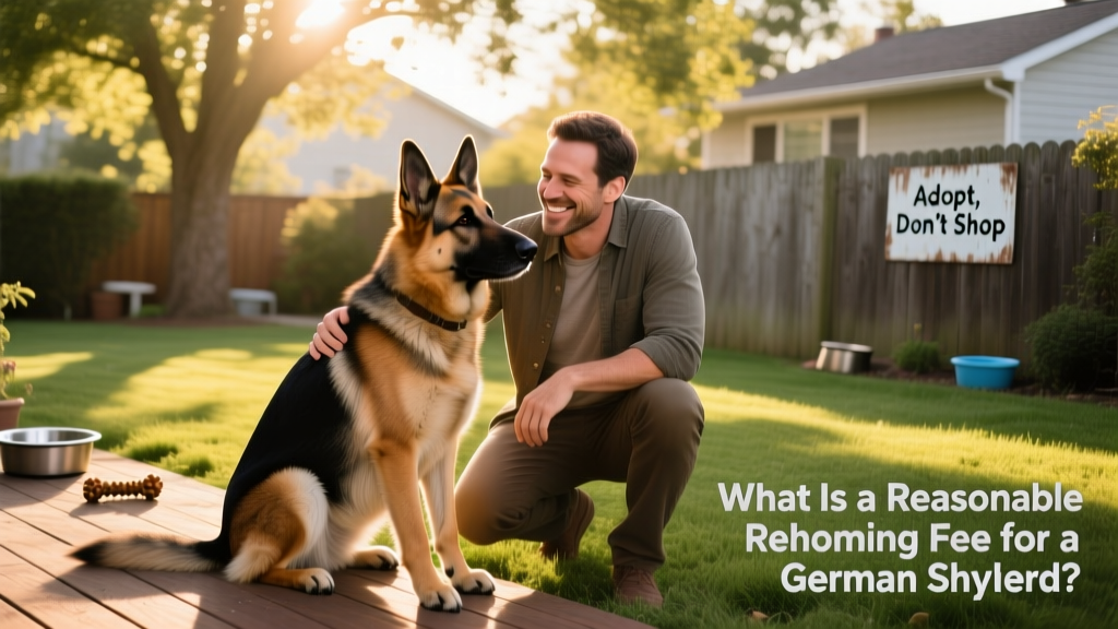 A calm, well-groomed German Shepherd sitting beside a smiling adult in a sunlit backyard