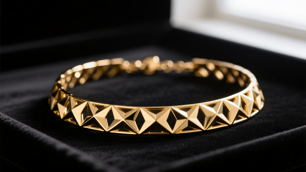 Macro shot of a brass fashion necklace with 18k gold PVD plating resting on dark velvet in a bright jewelry sourcing studio.