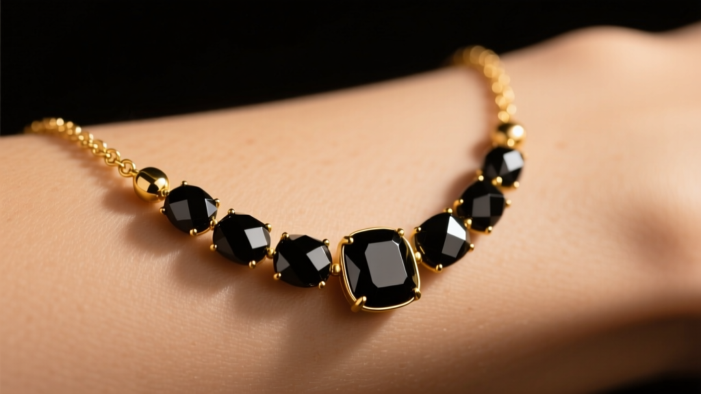 Close-up of an 18k gold mangalsutra necklace with faceted black onyx beads resting on warm skin under soft studio lighting