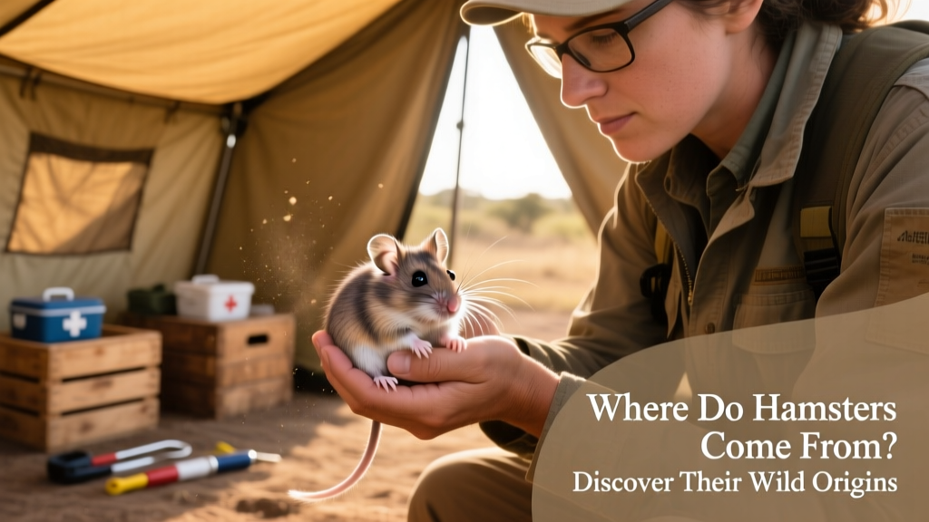 A conservation researcher gently holding a rescued wild hamster while checking its health in a field clinic setting