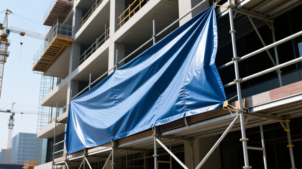 Heavy-duty PVC-coated polyester ripstop tarp being tensioned over a steel scaffolding frame on a multi-story commercial building construction site
