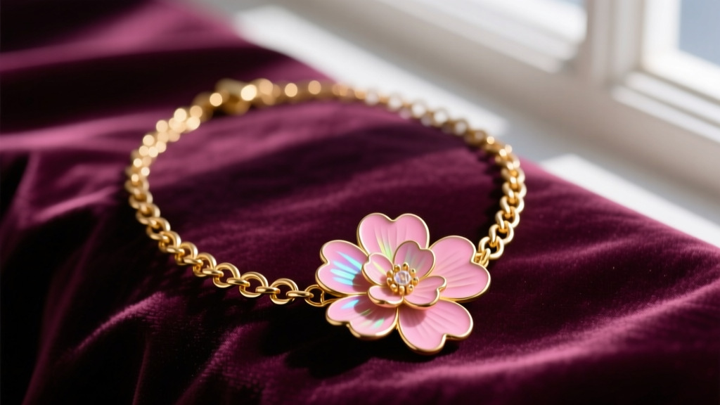 Close-up of a vintage-inspired pink floral necklace featuring vitreous enamel petals and a 14k gold vermeil chain on velvet