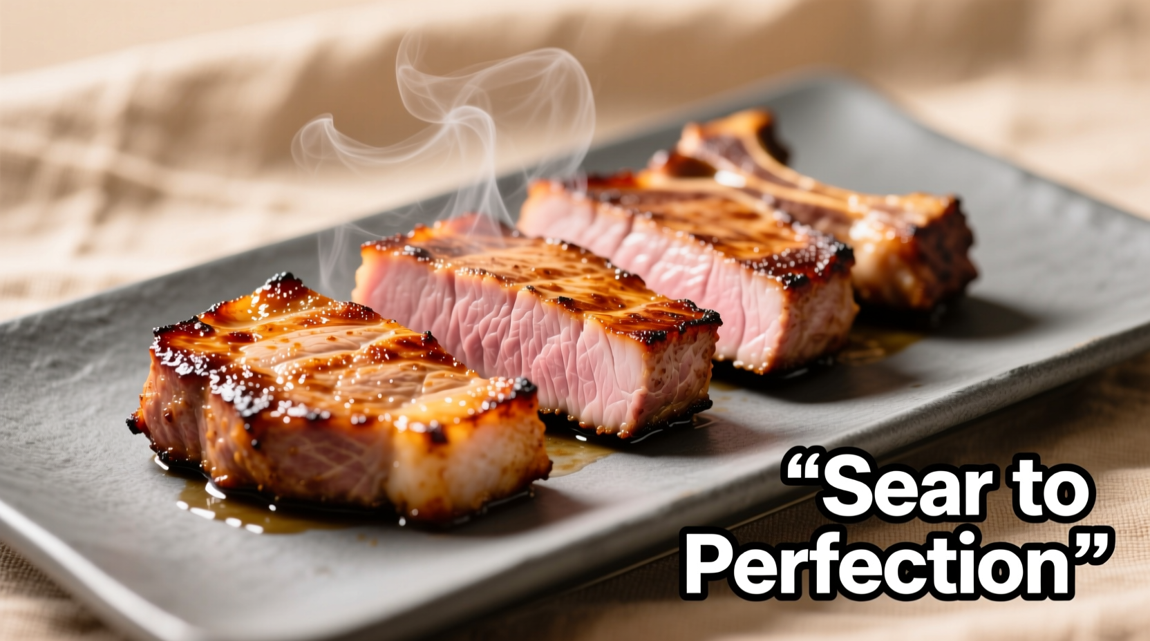 Perfectly seared thin pork loin chops with golden crust