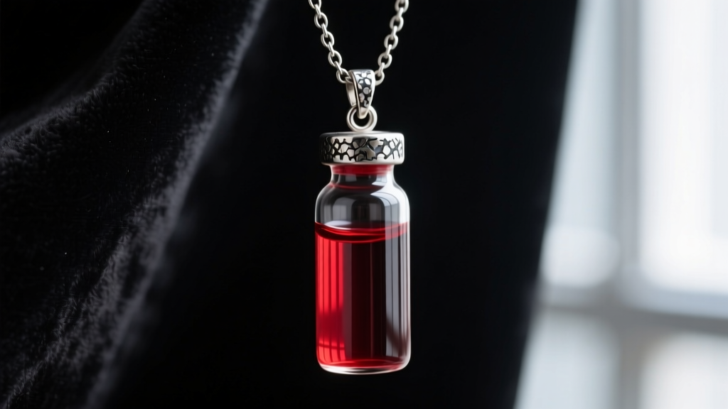 Macro shot of borosilicate glass blood vial pendant filled with crimson liquid on a 2mm oxidized silver chain against dark velvet.