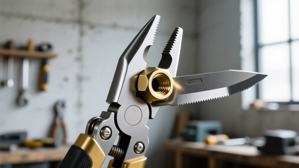 Close up of titanium multi-tool pliers gripping a brass hex nut with high-carbon steel blade partially deployed in workshop