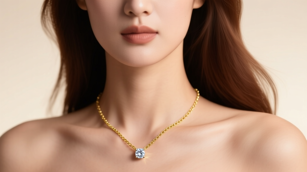 Close-up of a woman wearing a 14k gold pull chain necklace with a diamond pendant, adjusted to 20 inches, soft studio lighting.