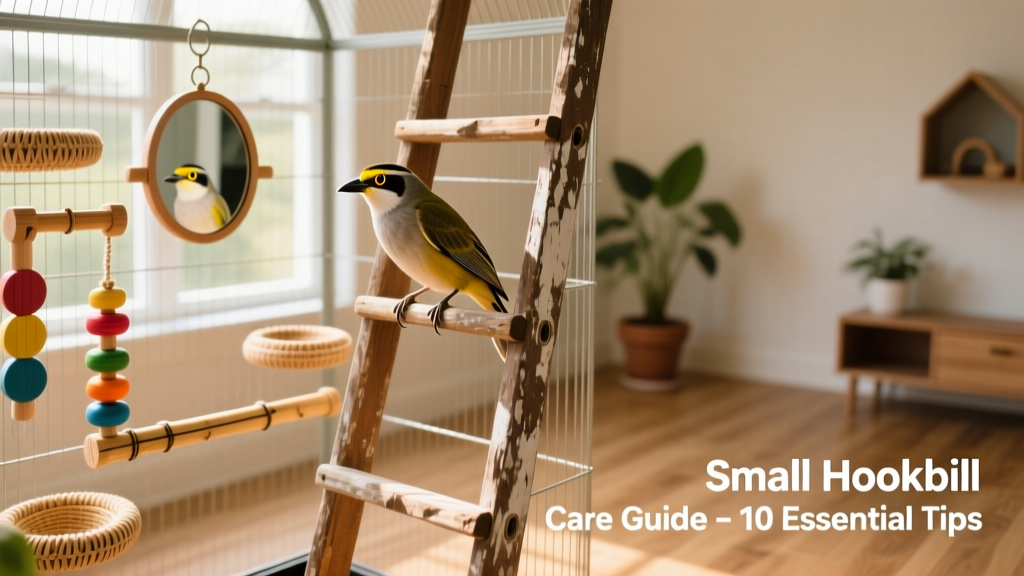 A small hookbill perched on a wooden ladder inside a spacious, well-furnished cage with toys and varied perches