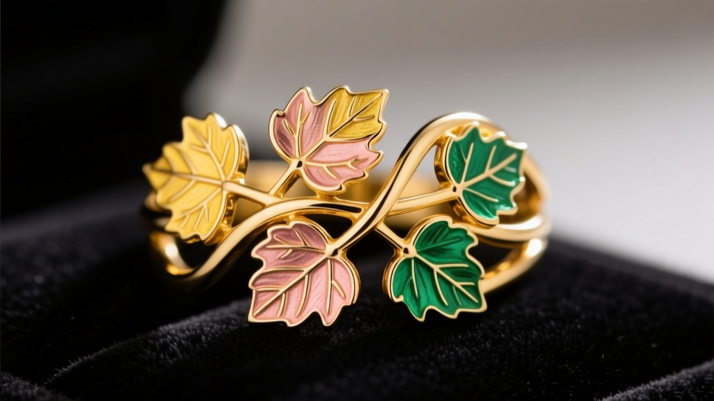 Close-up of a tri-color Black Hills gold ring featuring intricate yellow, rose, and green gold grape leaves resting on dark velvet