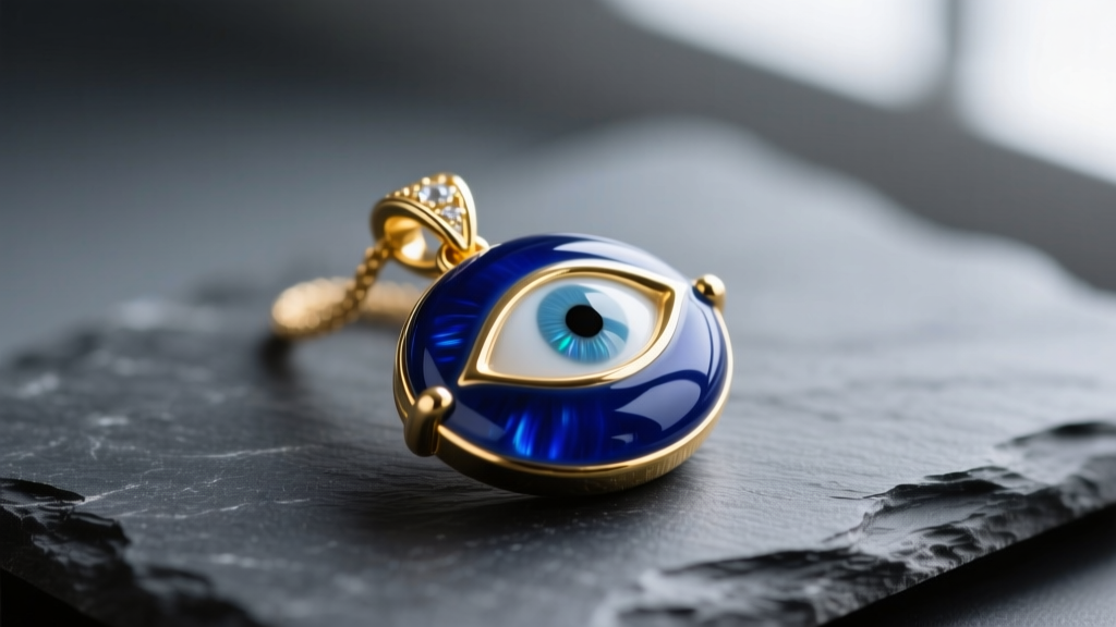 Macro shot of a vitreous enamel evil eye pendant in cobalt blue and 14k gold, resting on dark slate with soft lighting.