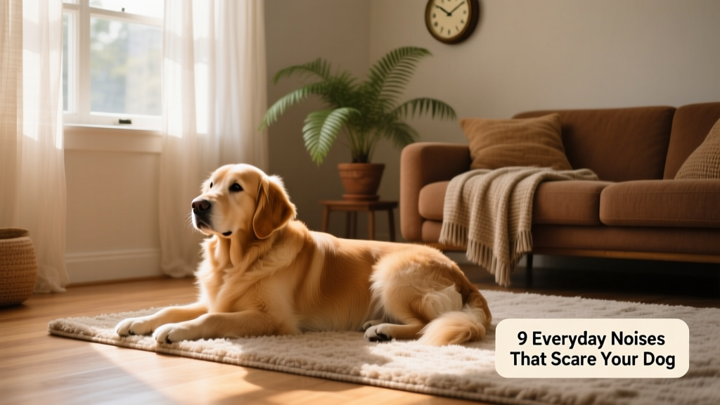 A calm dog resting beside a quiet living room window with soft natural light