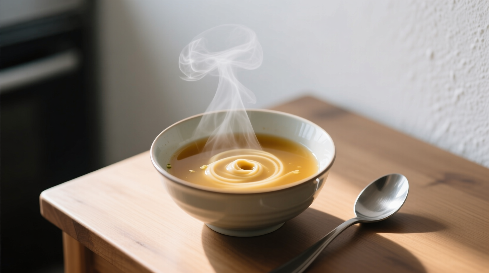 Homemade miso soup in a white bowl with minimal ingredients: clear dashi broth and miso paste swirl, no additions, demonstrating under 50 calorie version