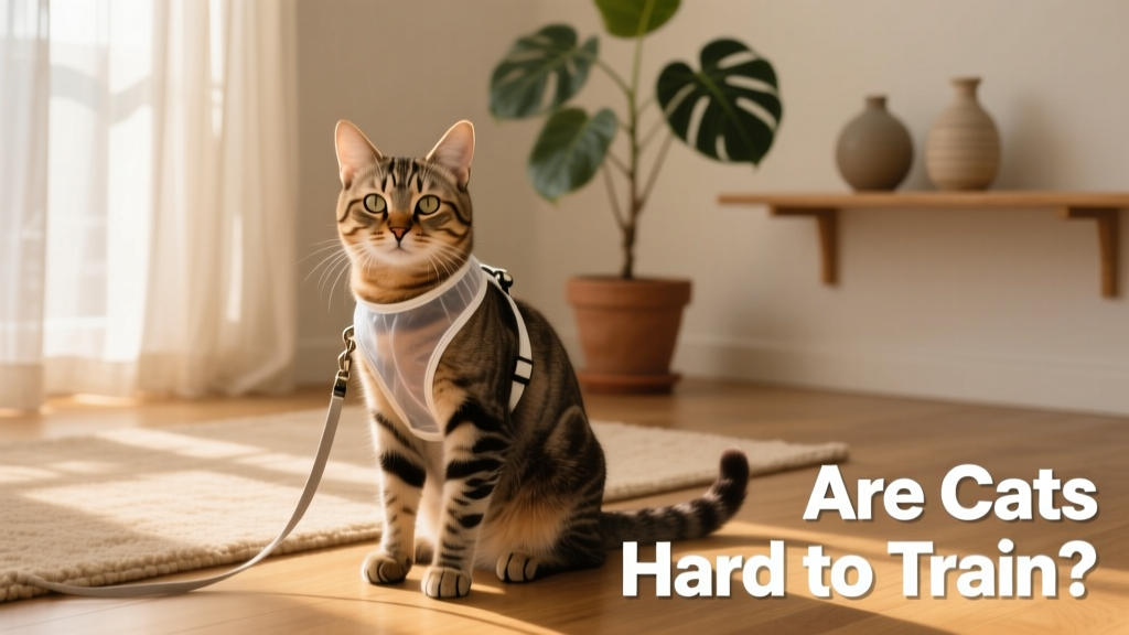 A cat calmly wearing a lightweight harness and leash indoors, looking relaxed and engaged