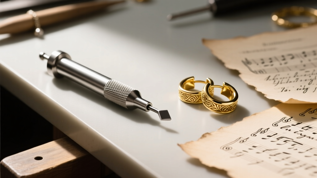 Flat lay of a jewelry workbench showing an engraving tool next to 16-gauge gold cartilage huggies and vintage lyric sheets.