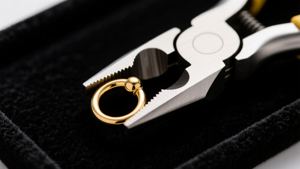 Steel needle nose pliers gripping a 16-gauge gold captive bead nose ring on a dark velvet mat, top-down view.