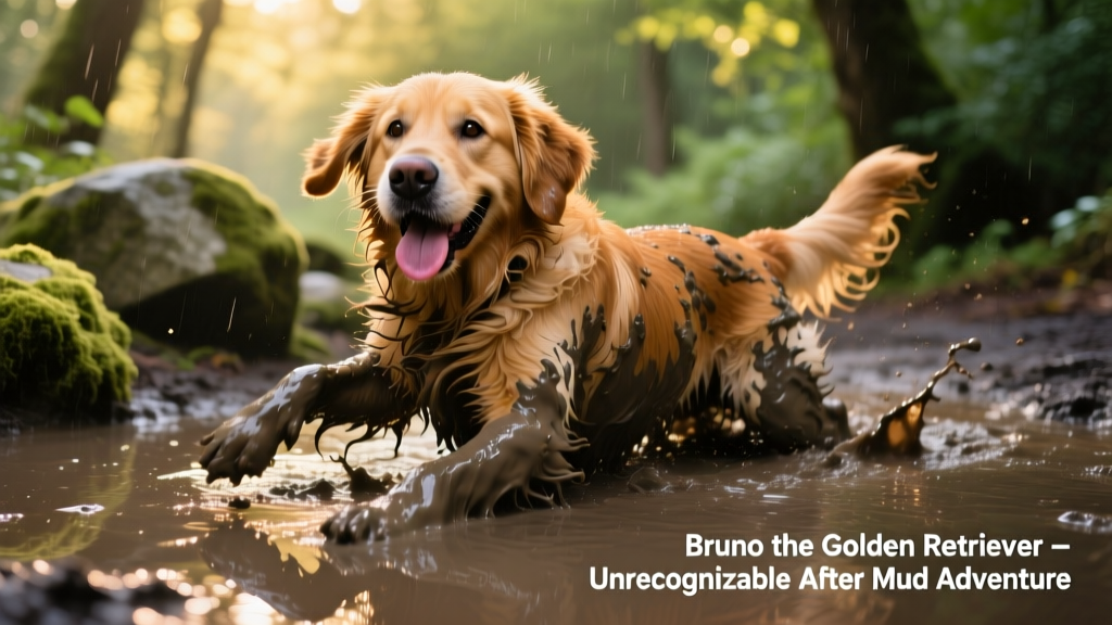 Bruno the Golden Retriever joyfully rolling in a deep, glistening mud puddle during an outdoor walk