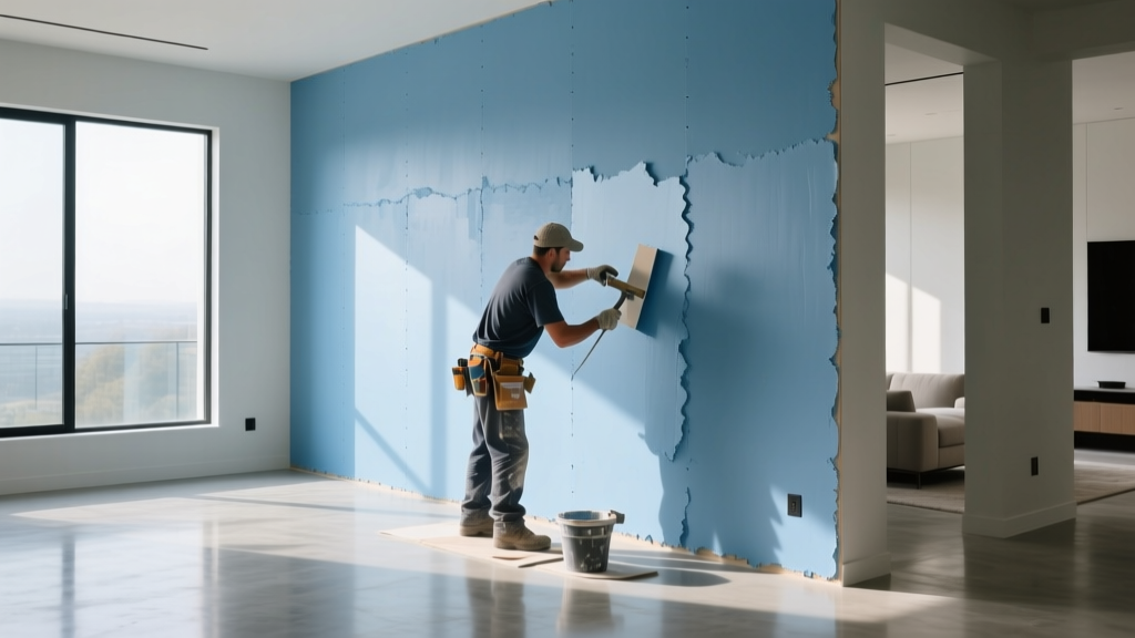 Contractor applying a smooth veneer plaster finish over blue-faced gypsum board in a high-end modern living room with natural sunlight
