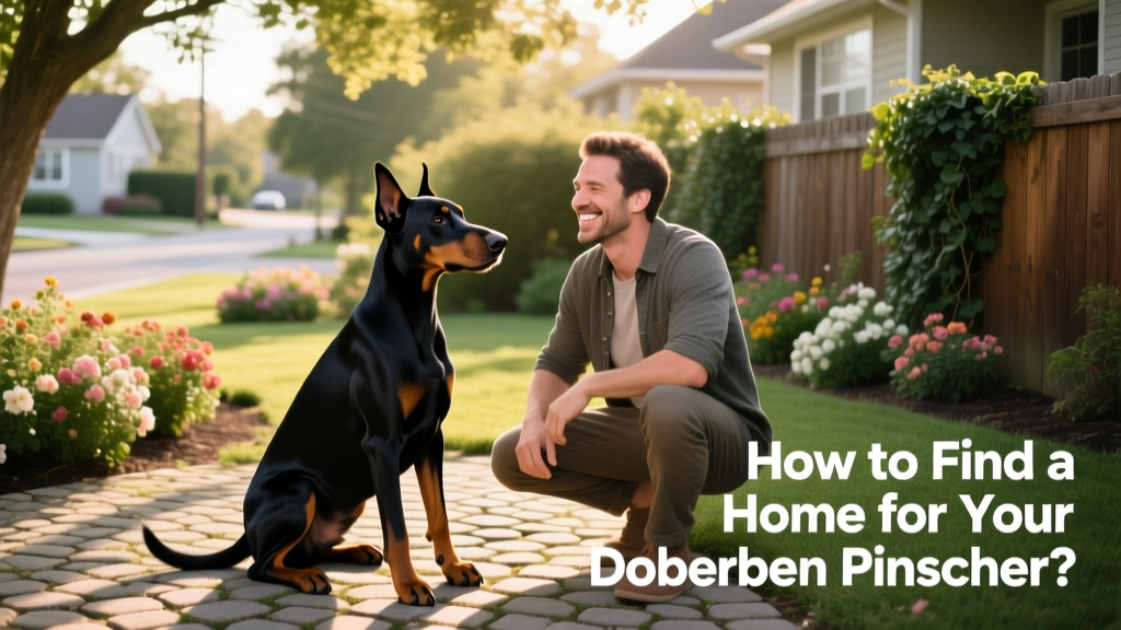 A calm, well-groomed Doberman Pinscher sitting beside a smiling adult in a sunlit backyard