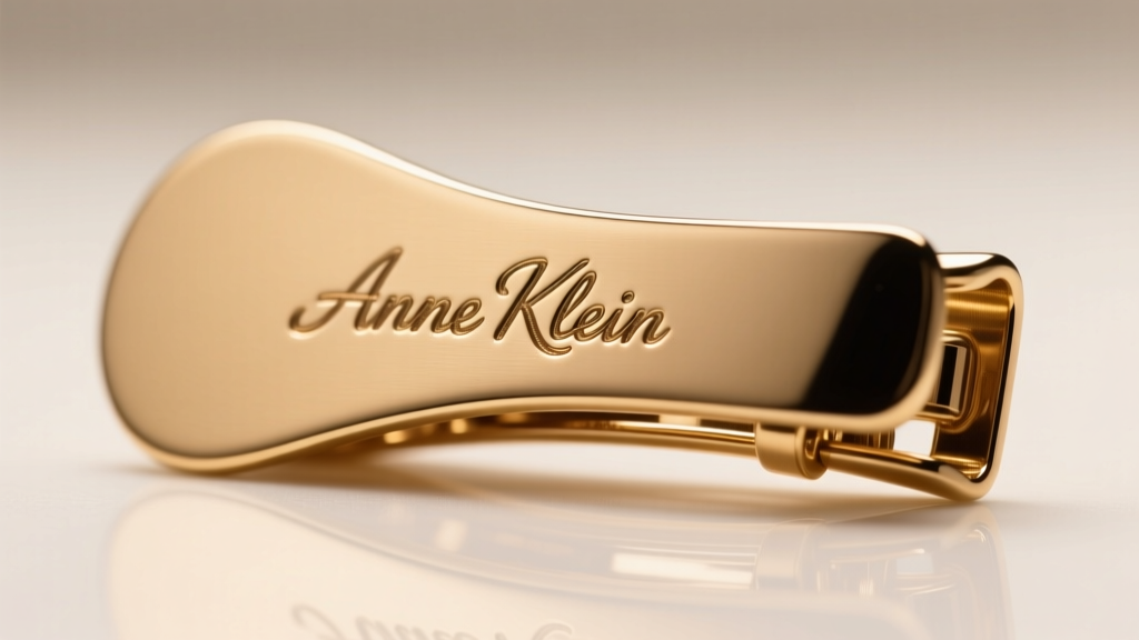 Macro view of Anne Klein paddle clip back, showing stamped script hallmark and brass metal under bright studio lighting setup.