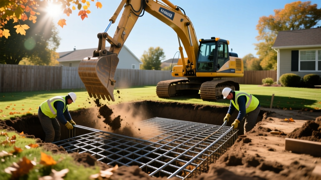 Excavator digging a rectangular hole in a suburban backyard while workers install steel rebar grids for a new inground pool