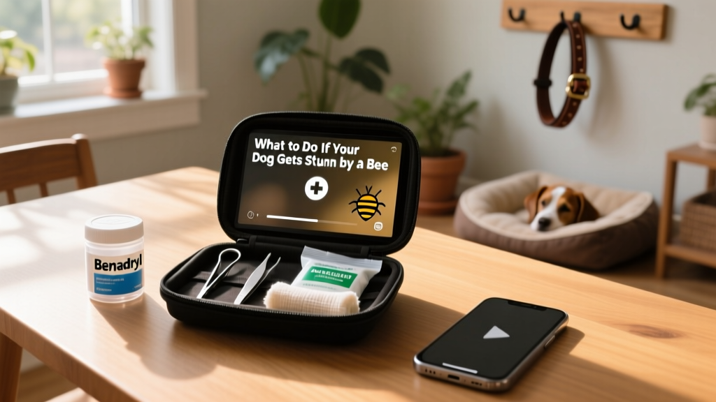 Well-organized pet first-aid kit with labeled Benadryl, tweezers, cold compress, and antiseptic wipes