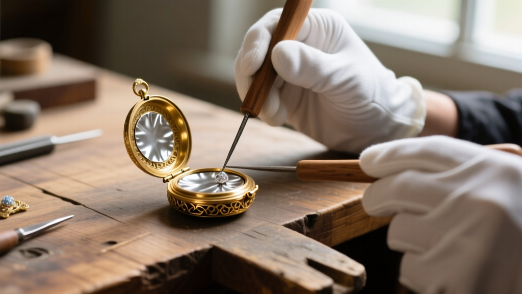 Jeweler using a wooden bezel pusher to secure delicate silver foil inside an antique gold locket setting on a wooden workbench.