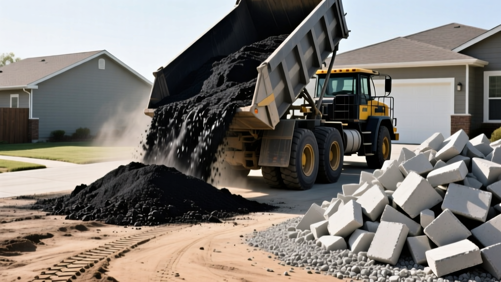 Heavy dump truck unloading dark crushed asphalt millings next to a pile of light gray recycled concrete aggregate on a residential driveway site