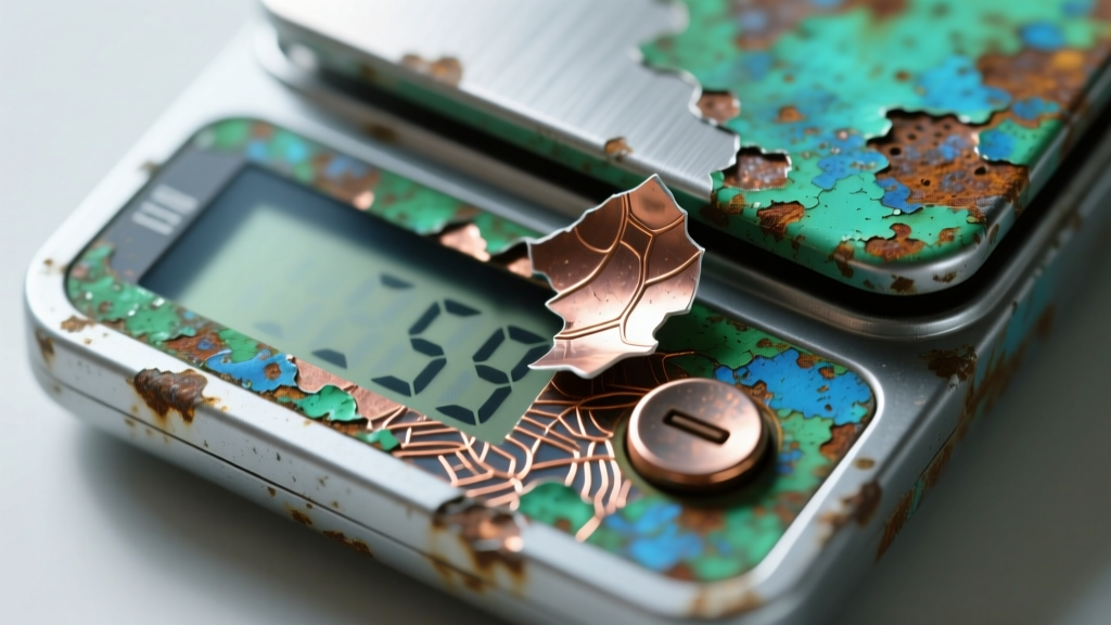 Close-up of a corroded digital fishing scale membrane button peeling away, revealing oxidized copper traces underneath.