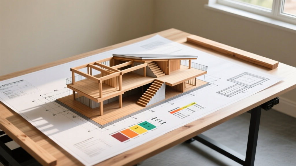 Blueprint of a multi-level composite deck overlaid with material cost estimates and lumber framing diagrams on a drafting table