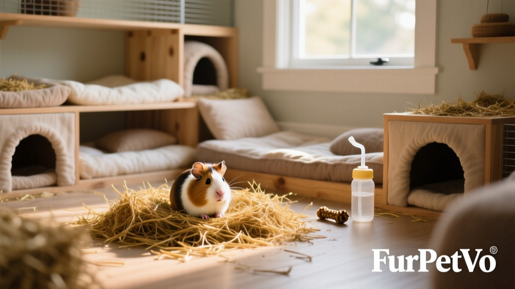 A spacious, well-organized FurPetVo Habitat with bedding, hideouts, and fresh hay