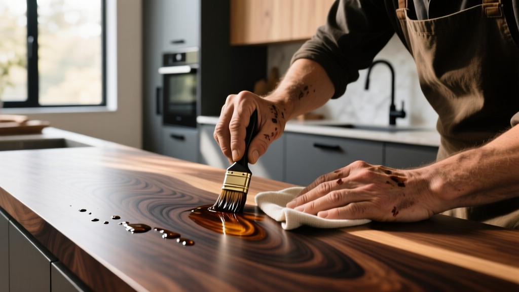 Close-up of a craftsman applying penetrating tung oil to a rich, dark Wenge wood countertop in a sunlit modern kitchen workspace