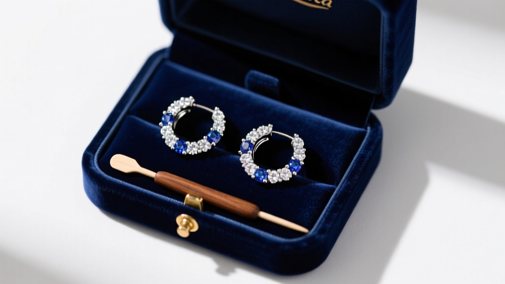 Top-down view of an open velvet jewelry box containing gemstone pavé huggie earrings and a small wooden jewelry cleaning pick.
