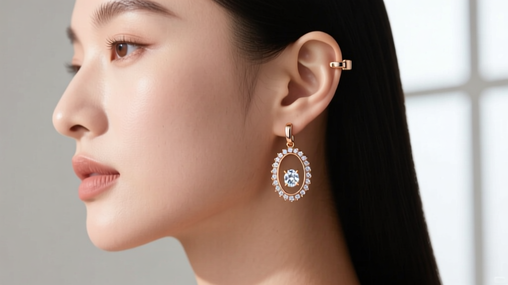 Side profile of a woman wearing 18k rose gold oval halo drop earrings, showcasing the secure leverback clasp against soft skin.