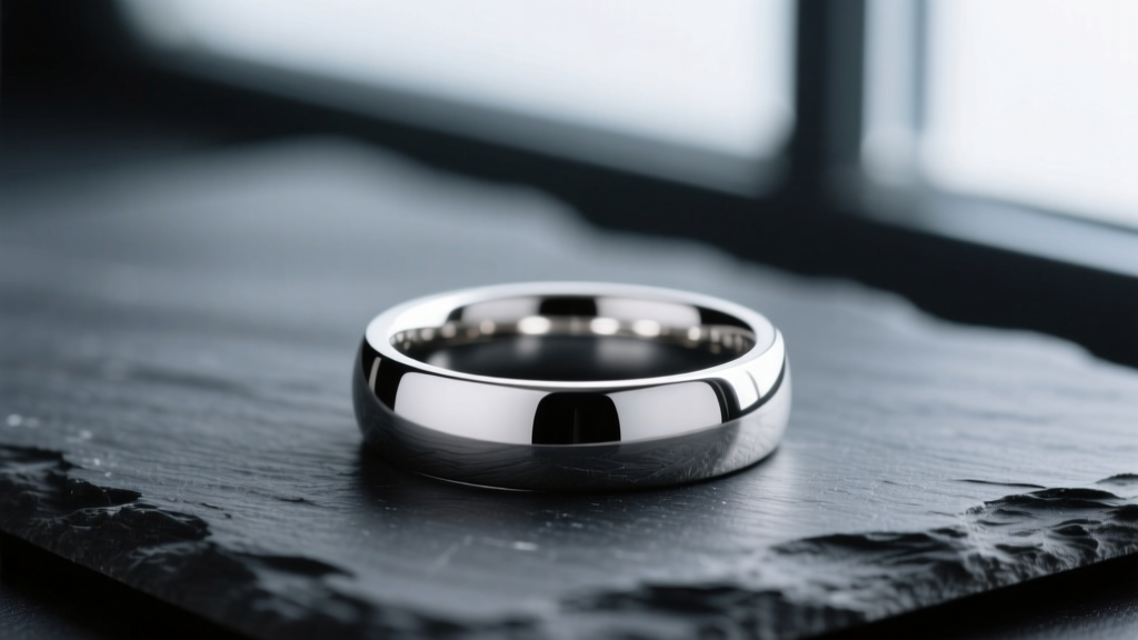 Macro shot of a polished platinum wedding band on dark slate, reflecting soft light to highlight its untarnished mirror finish.
