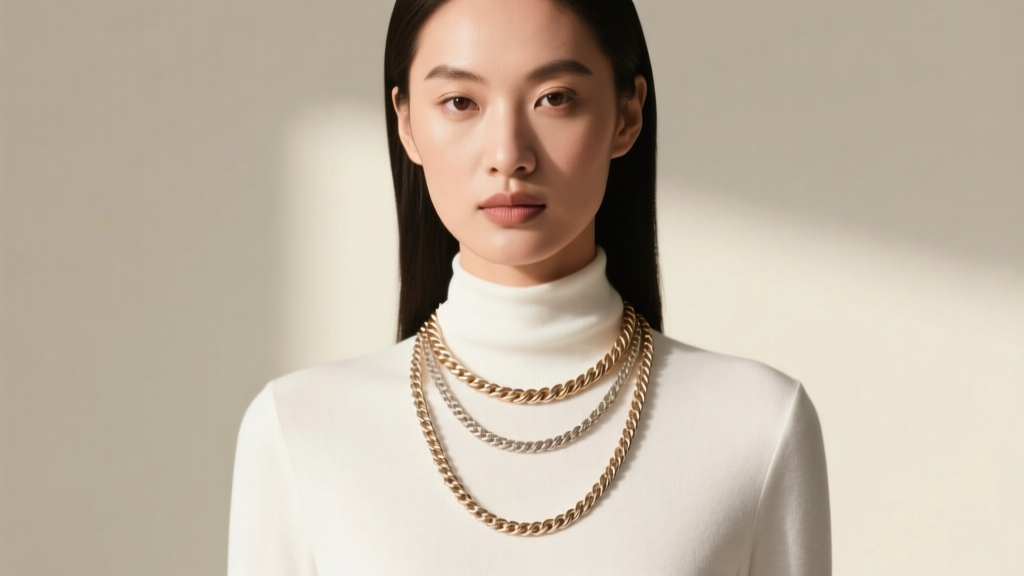 Model wearing layered flame necklaces with a 1.5mm curb chain and 2.0mm rope chain over a soft white crewneck cotton top