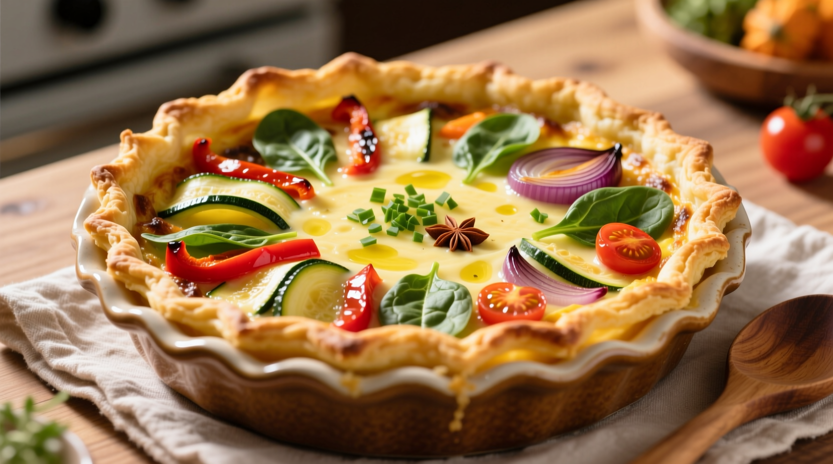 Golden potato crust quiche with vibrant vegetable filling