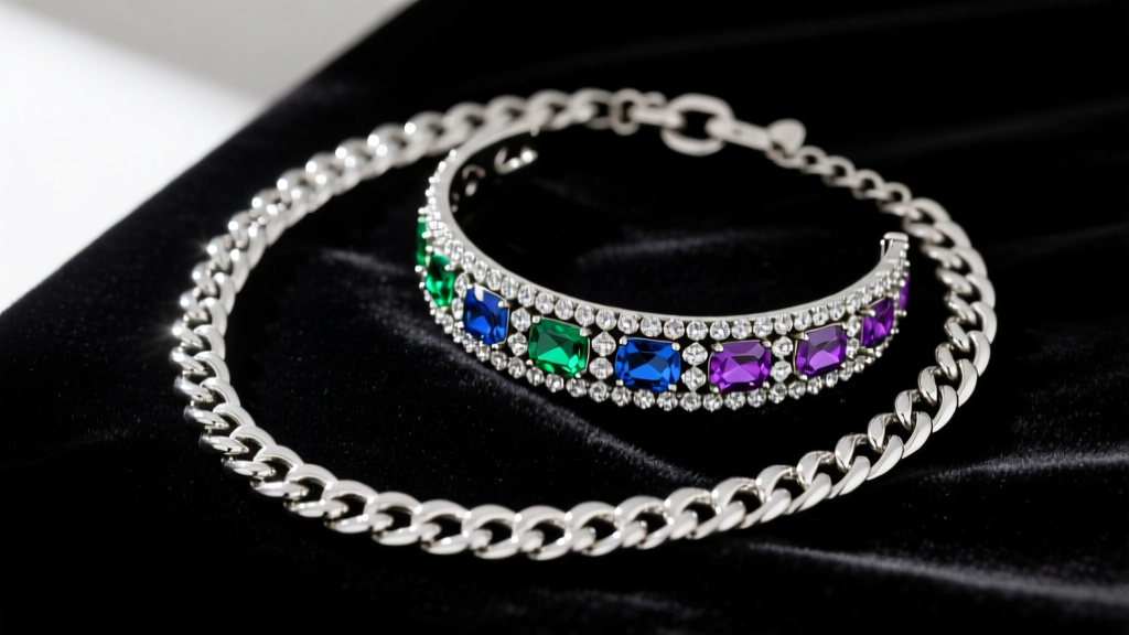 A flat lay of a chunky sterling silver curb chain necklace and a vintage-inspired rhinestone choker on dark velvet fabric.