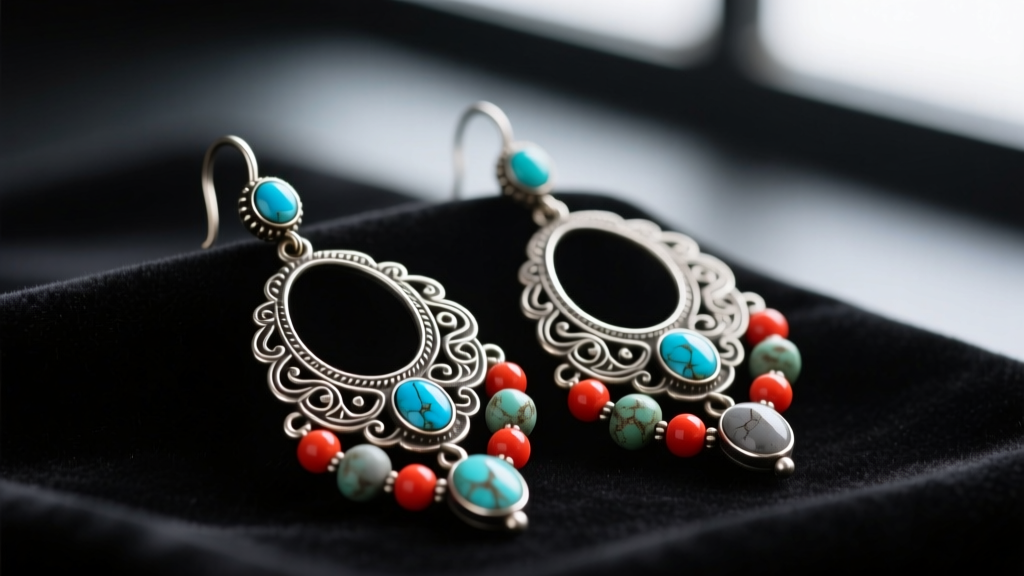 Macro shot of traditional Nepali earrings with oxidized silver, raw turquoise, and red coral stones resting on dark velvet
