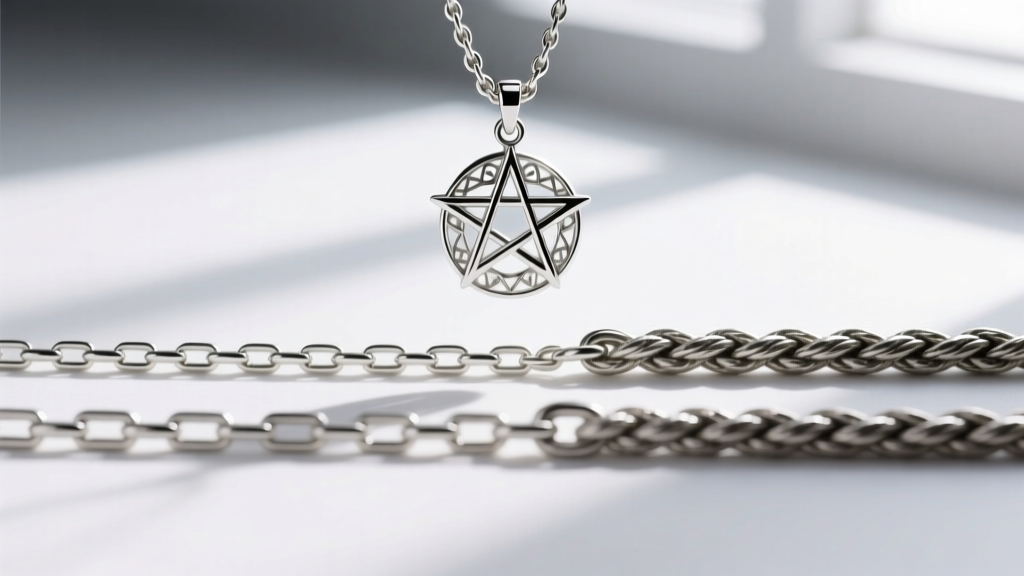 Macro comparison of a delicate 1.2mm silver box chain and a thicker 2.0mm rope chain displayed next to a silver Evenstar pendant