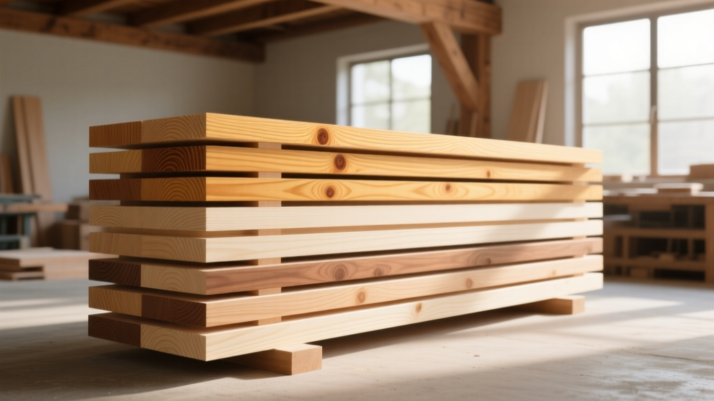 Stacked European and American beech lumber boards showing contrasting heartwood colors and tight grain in a bright workshop.