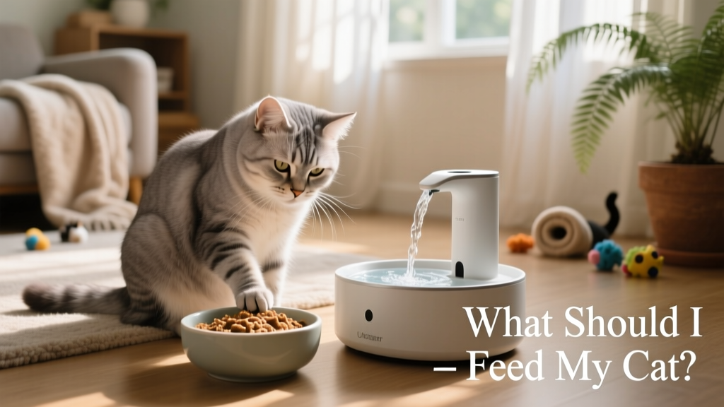 Senior cat gently grooming itself beside a bowl of high-protein senior wet food and a fresh water fountain