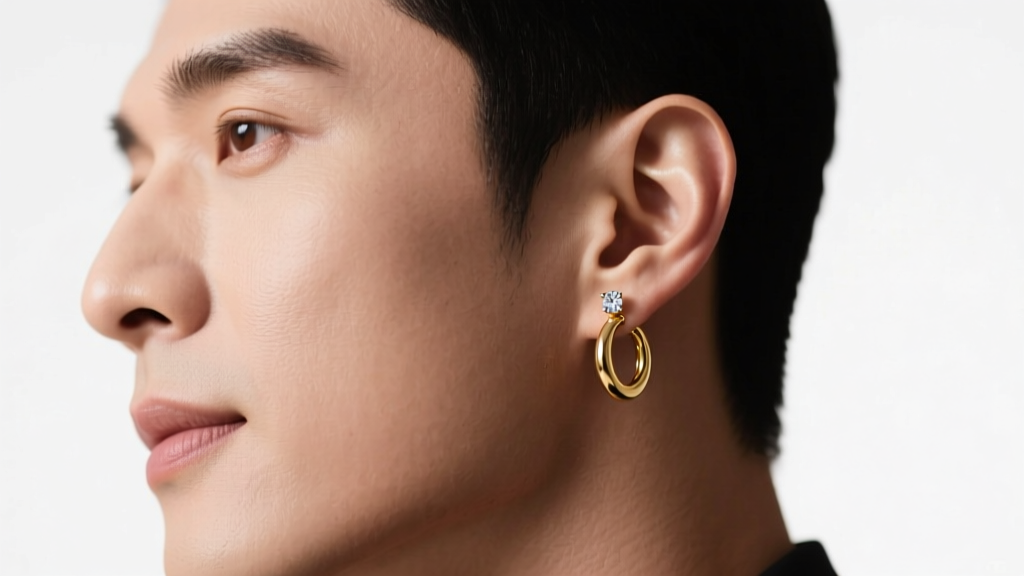 Man with a curated single-ear stack featuring a gold huggie hoop and small diamond stud, soft studio lighting, front profile view
