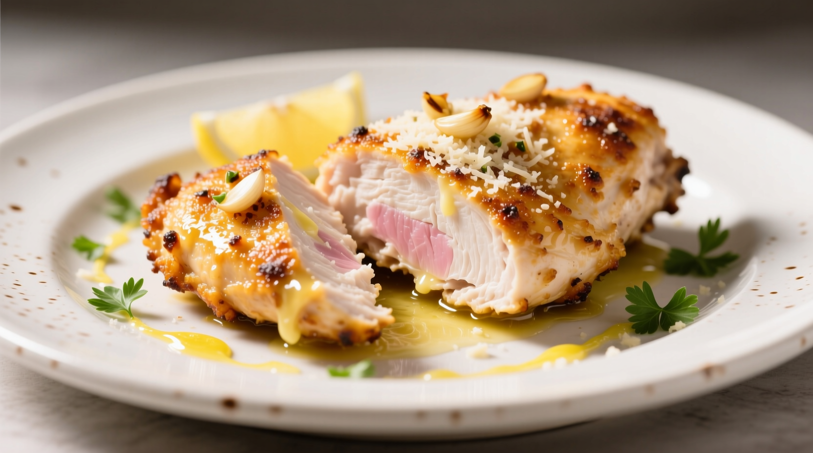 Golden garlic parmesan crusted chicken on white plate