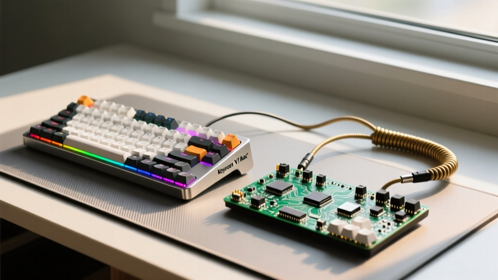 Side-by-side comparison of a pre-built Keychron V1 Max and a barebones Mode Sonnet custom keyboard with coiled aviator cable on mousepad