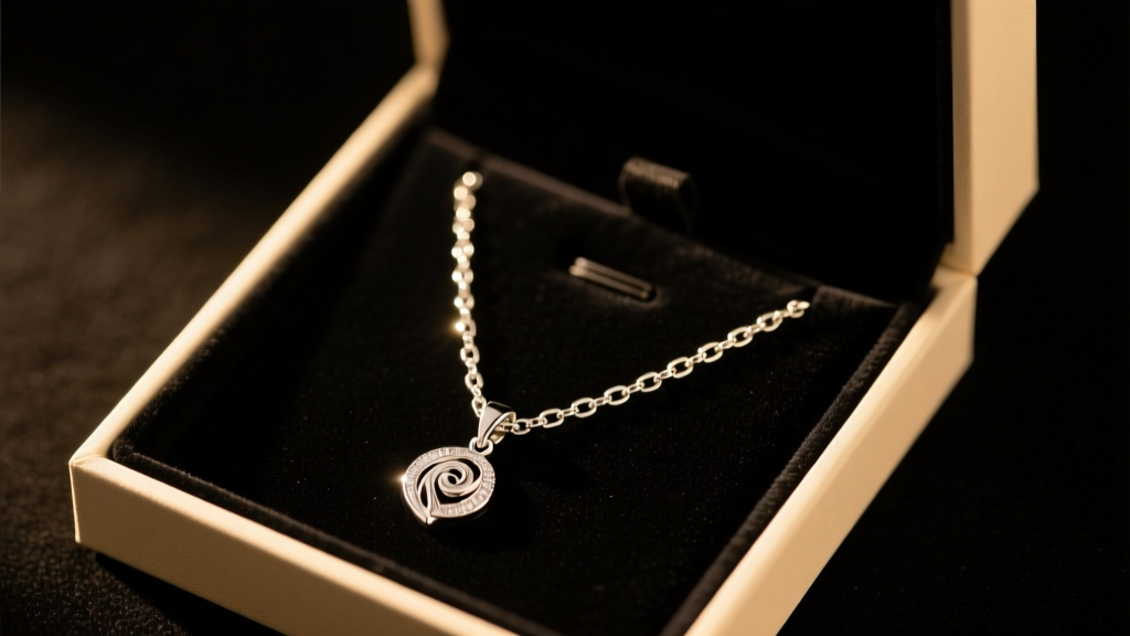 Open gift box revealing a shining 925 sterling silver necklace on black velvet, warm lighting highlighting the polished metal