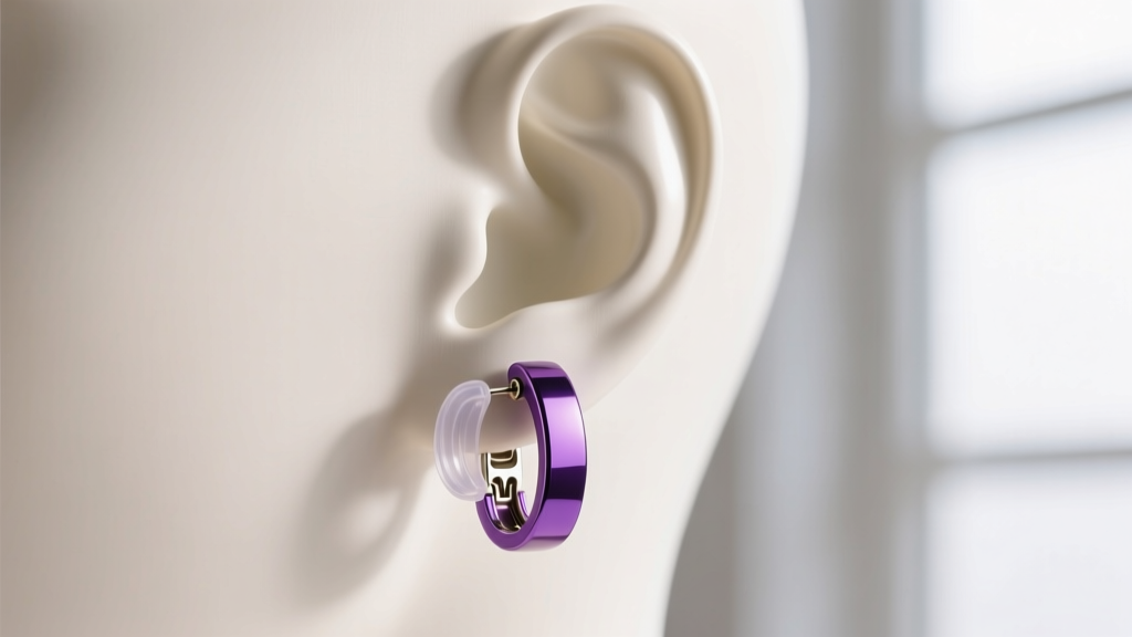 Purple enamel invisible clip-on earrings on a mannequin ear, showing the seamless metal hinge and clear silicone comfort padding.