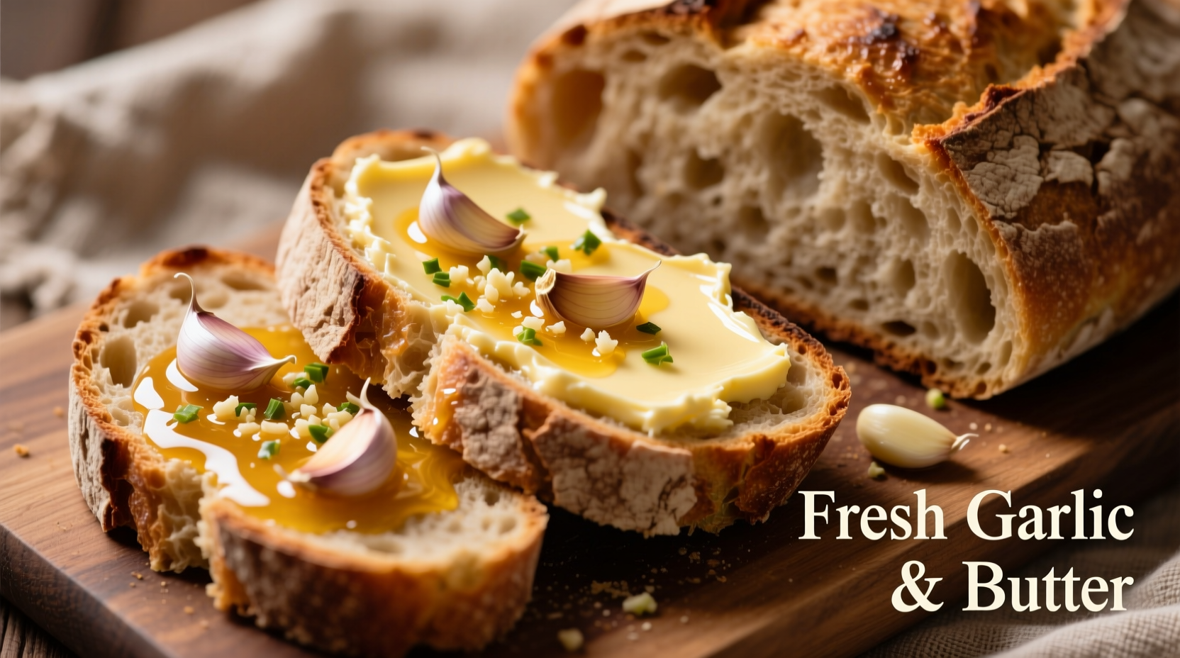 Fresh garlic cloves and butter mixture on rustic bread