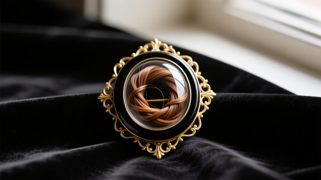 Antique Victorian mourning brooch with woven brown human hair under glass, set in black enamel and gold, resting on dark velvet.