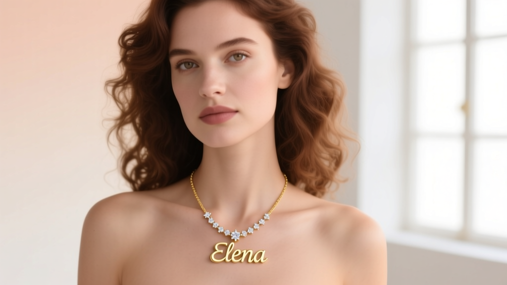 Woman wearing a personalized 18k gold nameplate pendant necklace with lab-grown diamond accents against a soft studio backdrop.