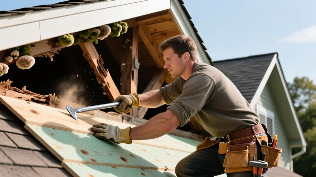 Carpenter prying up water-stained CDX plywood sheathing on a sloped residential roof to expose rotted trusses beneath