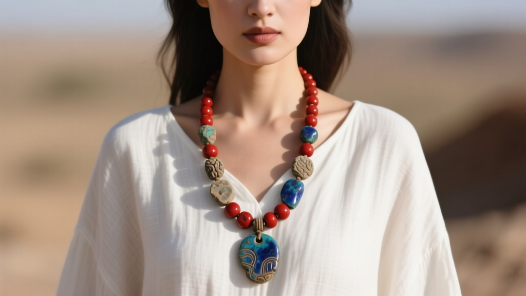 Woman wearing an ancient stone necklace with a white linen tunic, highlighting the rich red and blue patina of the historical beads.